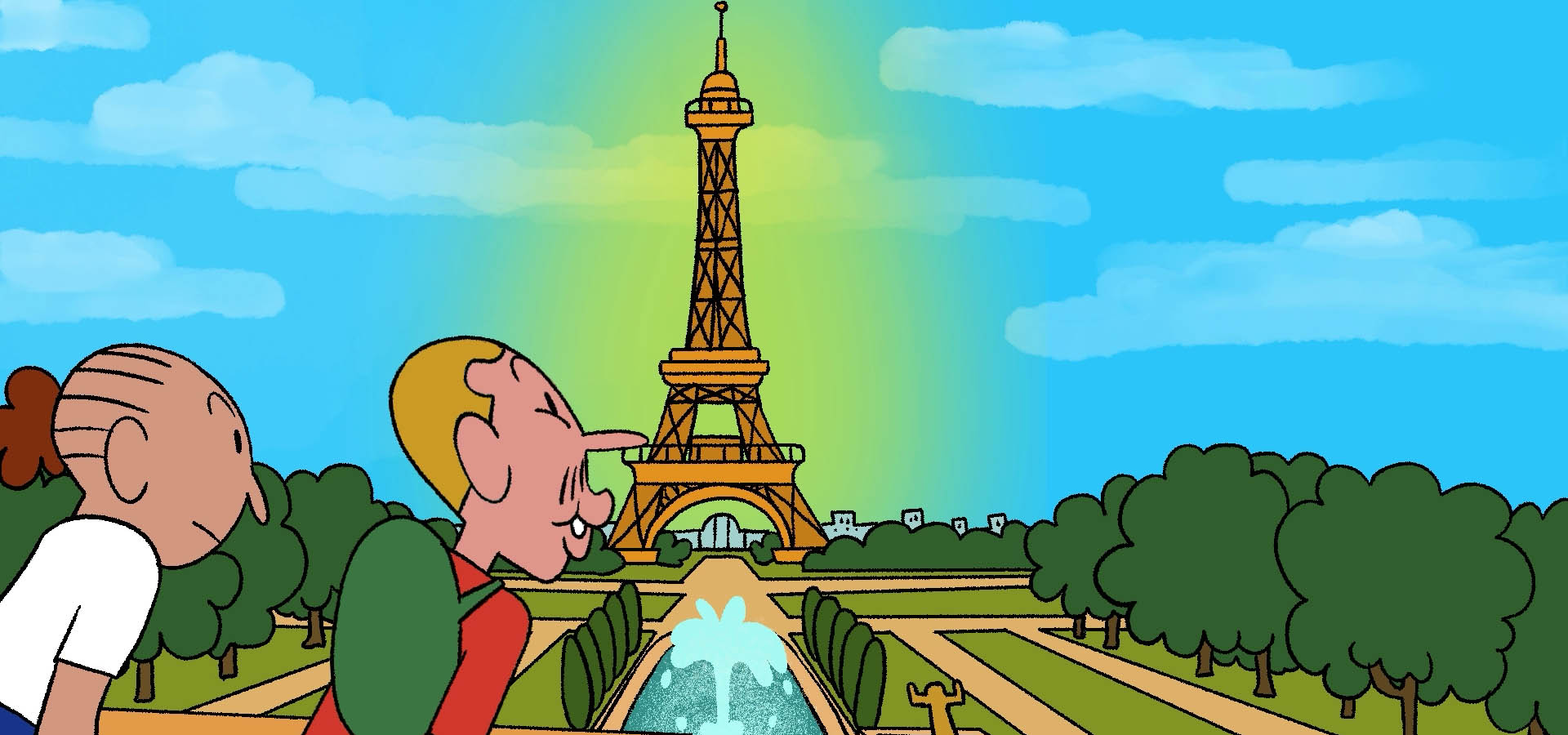 Illustratie van twee mensen die naar Eiffeltoren kijken.